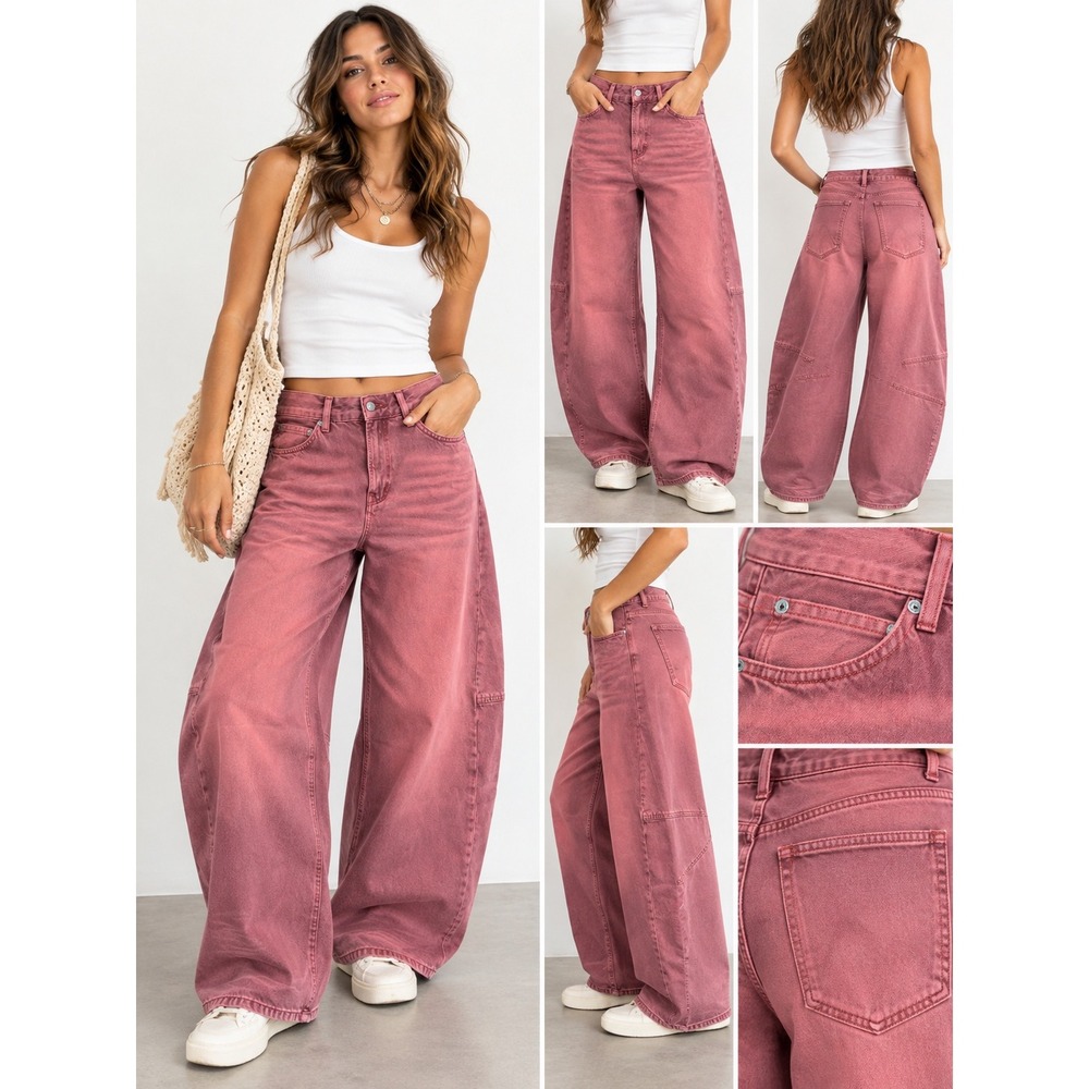 280.NWT Free People We The Free Good Luck Mid Rise Barrel Jeans Rose Pink  $198 - Picture 2 of 10